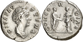 (142 d.C.). Faustina madre. Denario. (Spink 4592 var) (S. 158) (RIC. 381a). 3,32 g. MBC+.
