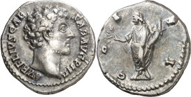 (145 d.C.). Marco Aurelio. Denario. (Spink 4782 var) (S. 110) (RIC. 429a, de Antonino pío). 3,11 g. MBC+/MBC.