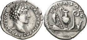(142 d.C.). Marco Aurelio. Denario. (Spink 4786) (S. 451) (RIC. 424a, de Antonino pío). 3,38 g. MBC+.