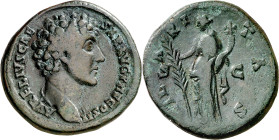 (145 d.C.). Marco Aurelio. Sestercio. (Spink 4802) (Co. falta) (RIC. 1242a). Pátina verde. 24,39 g. MBC-.