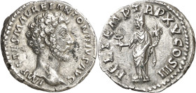 (161 d.C.). Marco Aurelio. Denario. (Spink 4897) (S. 197b) (RIC. 13 var). 3,08 g. MBC+.