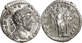 (166 d.C.). Marco Aurelio. Denario. (Spink 4933) (S. 878) (RIC. 163). 3,09 g. MBC.