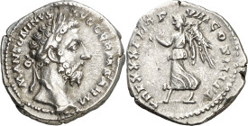 (177 d.C.). Marco Aurelio. Denario. (Spink 4944) (S. 949) (RIC. 378). 3,38 g. MBC+.