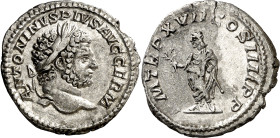 (214 d.C.). Caracalla. Denario. (Spink 6833) (S. 247) (RIC. 246). 2,97 g. MBC+.