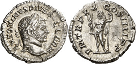 (217 d.C.). Caracalla. Denario. (Spink 6836 var) (S. 373) (RIC. 285a). Leve grieta. 2,67 g. (EBC-/EBC).