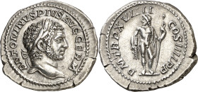 (216 d.C.). Caracalla. Denario. (Spink falta) (S. 337) (RIC. 275(a)). 3,50 g. EBC-.