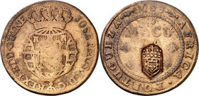 Angola. (1837). 1 macuta. Contramarca escudo portugués (De Mey 342) aplicada sobre 1/2 macuta de 1763 (Kr. 50.1), para doblar su valor. 17,18 g. MBC-....