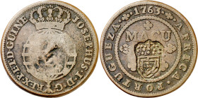 Angola. (1837). 2 macutas. Contramarca escudo portugués (De Mey 342) aplicada sobre 1 macuta de 1763 (Kr. 51.1), para doblar su valor. Rara. 35,22 g. ...