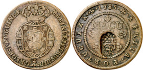 Angola. (1837). 2 macutas. Contramarca escudo portugués (De Mey 342) aplicada sobre 1 macuta de 1785 (Kr. 51.2), para doblar su valor. Escasa. 34,58 g...