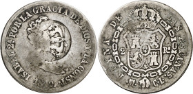 Azores. (1887). Contramarca GP bajo corona, del Gobierno Portugués (De Mey 4), para circular como 120 reis por las Azores, sobre 2 reales de Isabel II...