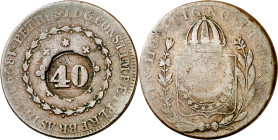 Brasil. (1835). Pedro II. 40 reis. Contramarca 40 en círculo (De Mey 421) aplicada en 1835 sobre 80 reis de Pedro I, Río 1829 (Kr. 444.1). 27,51 g. MB...