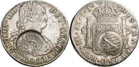 Brasil. (1808). Doble contramarca: escudo y globo (De Mey 407 y 408), para circular por Minas Gerais como 960 reis, sobre 8 reales de Carlos IV, Lima ...