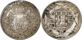 Brasil. 1819. Juan VI. R (Río de Janeiro). 960 reis. Acuñada sobre 8 reales de Carlos IV 1807, ceca no visible (Kr. 326.1). Punzonada en reverso. 26,3...