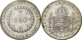 Brasil. 1824. Pedro I. R (Río de Janeiro). 960 reis. Acuñada sobre 8 reales de Fernando VII, Potosí 1821 PJ (Kr. 368.1), con todos los datos de la pie...