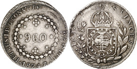 Brasil. 1824. Pedro I. R (Río de Janeiro). 960 reis. Acuñada sobre 8 reales de Fernando VII, Potosí 1822 PJ (Kr. 368.1). Rara con todos los datos de l...