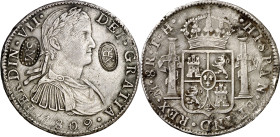 Colombia. Santa Marta. Doble contramarca falsa: SM y VR en sendos cartuchos, aplicadas sobre 8 reales de Fernando VII, México 1809 TH, de tipo busto i...