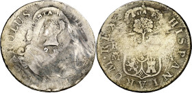 Costa Rica. (1845). Doble contramarca cabeza femenina (De Mey 473) y árbol (De Mey 474), sobre 2 reales de Madrid, 1801 FA (Kr. 37). Rara. 5,45 g. BC....