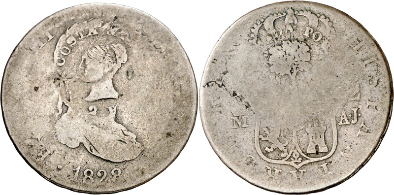 Costa Rica. (1845). 2 reales. Doble contramarca cabeza femenina (De Mey 473) y á...