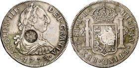 Costa Rica. Contramarca falsa estrella de seis puntas de Costa Rica, sobre 8 reales de Carlos III, Potosí 1773 JR. 26,77 g. (MBC+).