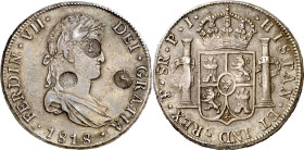 Costa Rica. Triple contramarca falsa de Costa Rica, sobre 8 reales de Fernando VII, Potosí 1818 PJ. 26,93 g. MBC+.