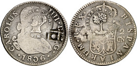 Costa Rica y Cuba. (1845). Contramarcas de Costa Rica cabeza femenina (De Mey 473) y árbol (De Mey 474), y de Vique (Cuba) (De Mey 481), sobre 2 reale...