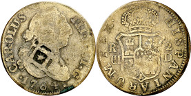 Cuba. (1841). Contramarca de Vique (Cuba) (De Mey 481), sobre 2 reales de Carlos III falsos de época en latón con fecha 1784, ceca I y ensayador D. 4,...