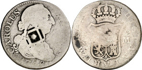 Cuba. (1841). Contramarca de Vique (Cuba) (De Mey 481), sobre 2 reales de Carlos III, Madrid 1788 M (Kr. 1.1). 5,34 g. Contramarca MBC-, pieza base BC...