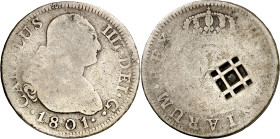 Cuba. (1841). Contramarca de Vique (Cuba) (De Mey 481), sobre 2 reales 1801 (Kr. 2 ó 3). 5,26 g. Contramarca MBC, pieza base BC-.