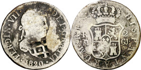 Cuba. (1841). Contramarca de Vique (Cuba) (De Mey 481), sobre 2 reales de Fernando VII, Madrid 1820 GJ (Kr. 5). 5,46 g. Contramarca MBC, pieza base BC...