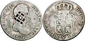 Cuba. (1841). Contramarca de Vique (Cuba) (De Mey 481), sobre 2 reales de Fernando VII, Sevilla 1826 JB (Kr. 6). 4,19 g. Contramarca MBC, pieza base B...