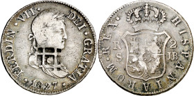 Cuba. (1841). Contramarca de Vique (Cuba) (De Mey 481), sobre 2 reales de Fernando VII, Sevilla 1827 JB (Kr. 6). 5,86 g. Contramarca MBC, pieza base B...