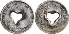 Dominica. Taladro central en forma de corazón falso, imitando el que se había practicado en Dominica hacia 1761-1764 (Pridmore 1 sim), sobre 8 reales ...