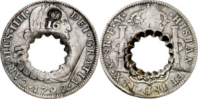 Dominica. (Pridmore 41, mismo ejemplar). Contramarca falsa: 16 bajo corona y círculo dentado, también falso, sobre 8 reales de Carlos IV, México 1792 ...