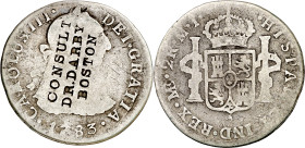 Estados Unidos. Contramarca "CONSULT DR. DARBY BOSTON", sobre 2 reales de Lima, 1783 MI. 6,06 g. BC.