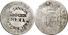 Estados Unidos. Contramarca "C. CANNON GROOER Nº 41 DUBUQUE IOWA", sobre 2 reales de Lima, 1800 IJ. 6,22 g. BC.