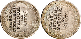 Estados Unidos. Contramarca "ADMIT TO WOOD'S MINSTRELS 44 Bº WAY N.Y." en anverso y reverso, sobre 2 reales de Lima, 1810 JP. 6,53 g. BC.