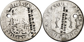 Estados Unidos. Contramara "M. A. & S. ROOT 363 BROADWAY NY", sobre 2 reales México tipo columnario, 1741 MF. Perforación. Rara. 5,68 g. BC.