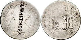 Estados Unidos. Contramarca "N. WHITMORE", sobre 2 reales de México, 1782 FF. 6,11 g. BC.