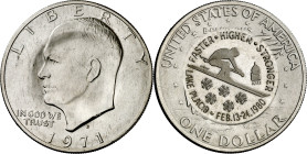 Estados Unidos. 1980. Contramarca conmemorativa de los Juegos de Invierno de Lake Placid, aplicada sobre el reverso de 1 dólar de plata tipo Eisenhowe...