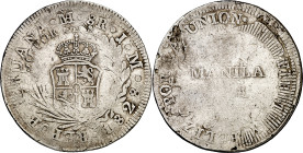 Filipinas. 1828. Fernando VII. Manila. 8 reales. (AC. 1303) (Kr. 33). Acuñada sobre 8 reales de Perú, Lima 1828 JM. Muy rara. 27,22 g. MBC-.