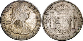 Filipinas. (1832-1834). Contramarca falsa , sobre 8 reales de Carlos IV, México 1806 TH. 26,73 g. MBC-/MBC.