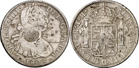 Filipinas. (1832-1834). Contramarca (De Mey 1000), sobre 8 reales de Carlos IV, México 1808 TH. Resellos orientales. Rarísimo caso de contramarca genu...