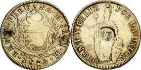 Filipinas. (1832-1834). Contramarca (De Mey 1000), sobre 8 reales de Perú, Lima 1832 MM (Kr. 83). Sobredorada. Sirvió como joya. 25,94 g. (MBC-).