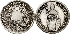 Filipinas. (1832-1834). Contramarca (De Mey 1000), sobre 8 reales de Perú, Lima 1832 MM (Kr. 83). 26,17 g. MBC.