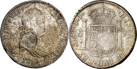 Filipinas. (1834-1837). Contramarca falsa , sobre 8 reales de Fernando VII, México 1814 JJ. Oxidaciones limpiadas en anverso. 26,39 g. (MBC).