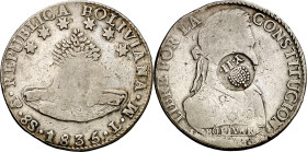 Filipinas. (1834-1837). Contramarca (De Mey 1001), sobre 8 sueldos de Bolivia, Potosí 1835 LM (Kr. 100). 26,69 g. MBC-.