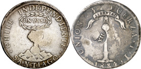 Filipinas. (1834-1837). Contramarca Y·II bajo corona (De Mey 1001), sobre 8 reales de Chile, Santiago 1834 IJ (Kr. 108). Oxidaciones en reverso. Rara....