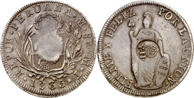 Filipinas. (1834-1837). Contramarca (De Mey 1001), sobre 8 reales de Perú, Lima 1835 MT (Kr. 138.2). 26,22 g. MBC+.