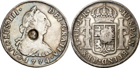 Gran Bretaña. Contramarca busto de Jorge III en óvalo (De Mey 659) aplicada por el Banco de Inglaterra en 1797, sobre 4 reales de Carlos III, Potosí 1...