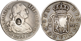 Gran Bretaña. (1797). Contramarca busto de Jorge III en óvalo (De Mey 659), aplicada por el Banco de Inglaterra en 1797, sobre 4 reales de Carlos IV, ...